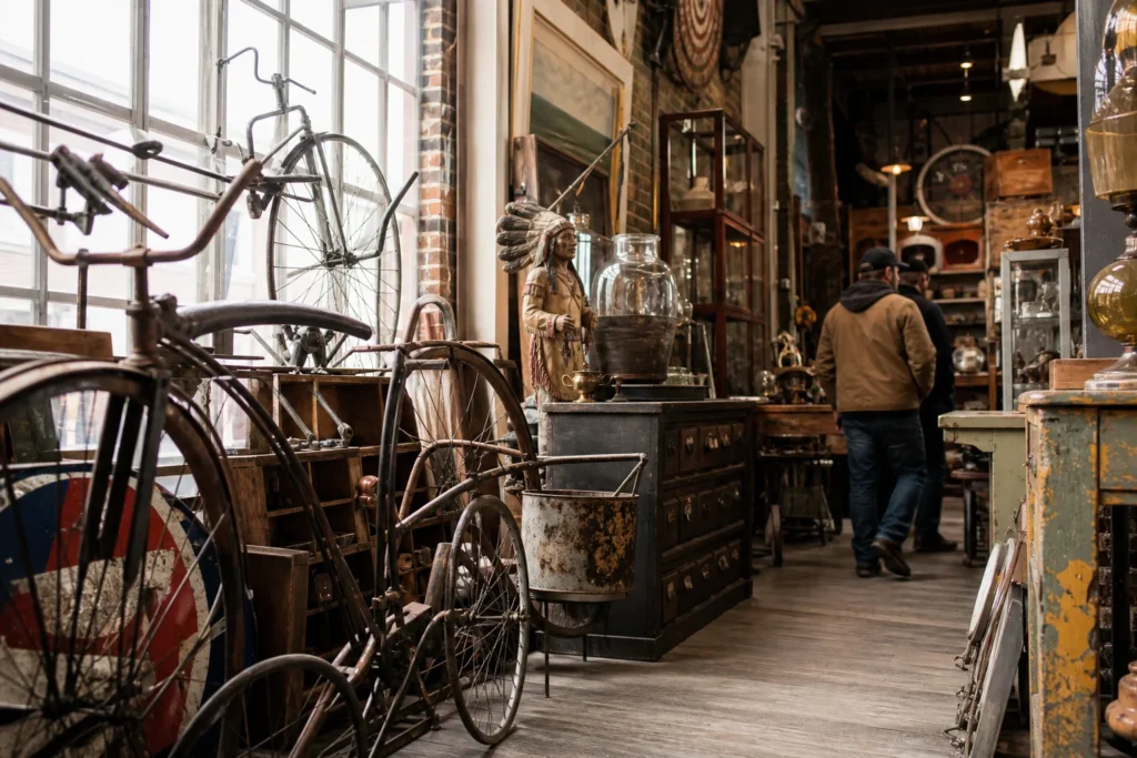 shoppers browsing antique and vintage market stalls at Antique Archaeology LeClaire in Iowa