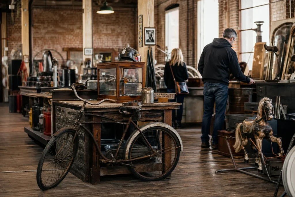 shoppers browsing antique and vintage market stalls at Antique Archaeology Nashville in Tennessee