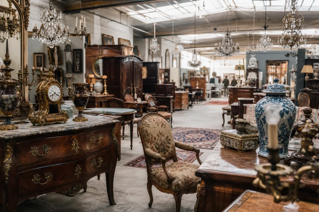 shoppers browsing antique and vintage market stalls at Antique Center Slegers in Belgium