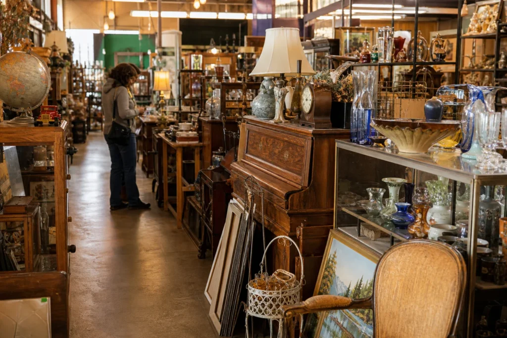 shoppers browsing antique and vintage market stalls at Antique Connection Mall in New Mexico