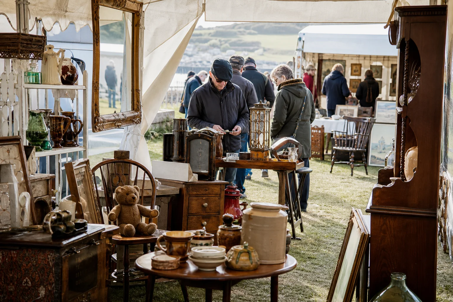 shoppers browsing antique and vintage market stalls at Antique Fairs Cornwall in United Kingdom