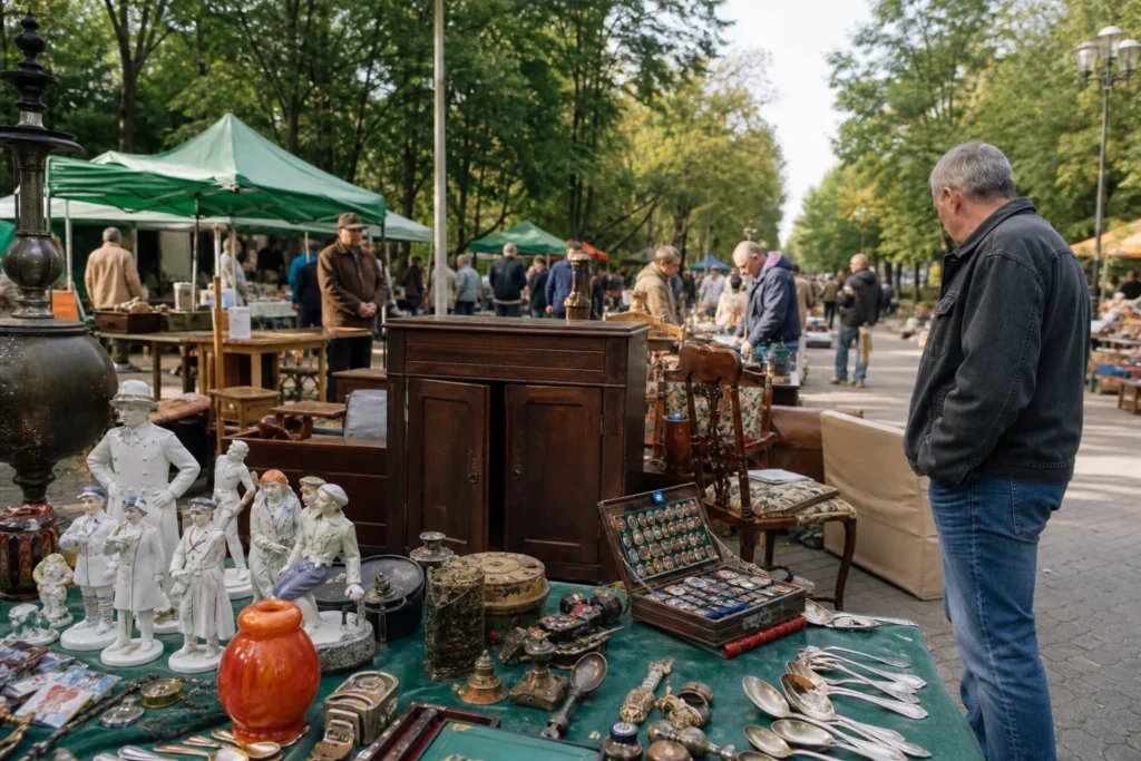 shoppers browsing antique and vintage market stalls at Antique Flea Market in Sokolniki in Moscow, Russia