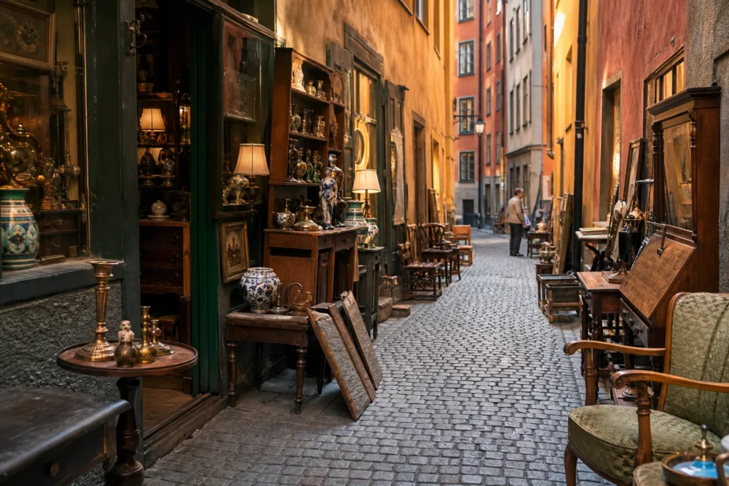 shoppers browsing antique and vintage market stalls at Antique shops in Gamla Stan in Sweden