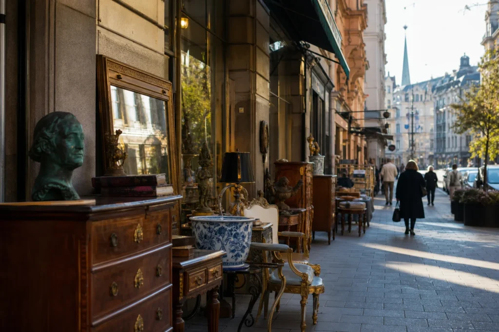 shoppers browsing antique and vintage market stalls at Antique shops in Östermalm in Sweden