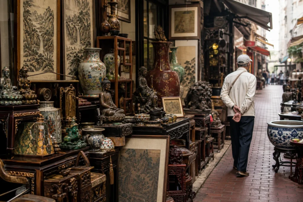 shoppers browsing antique and vintage market stalls at Antique Street / Hollywood Road in China