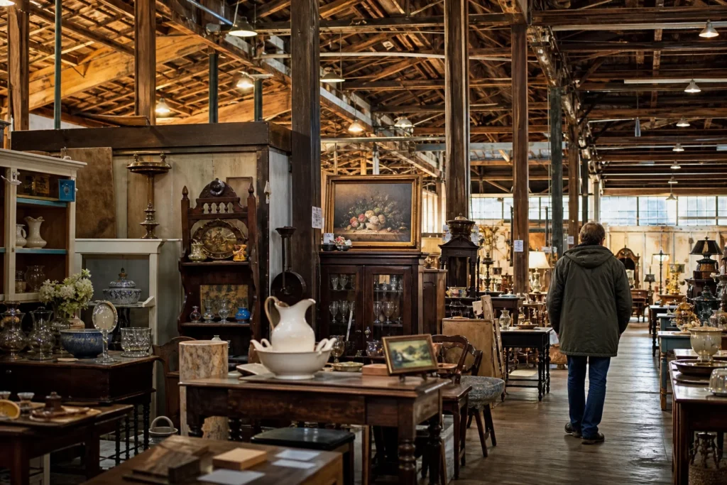 shoppers browsing antique and vintage market stalls at Antique Tobacco Barn in North Carolina
