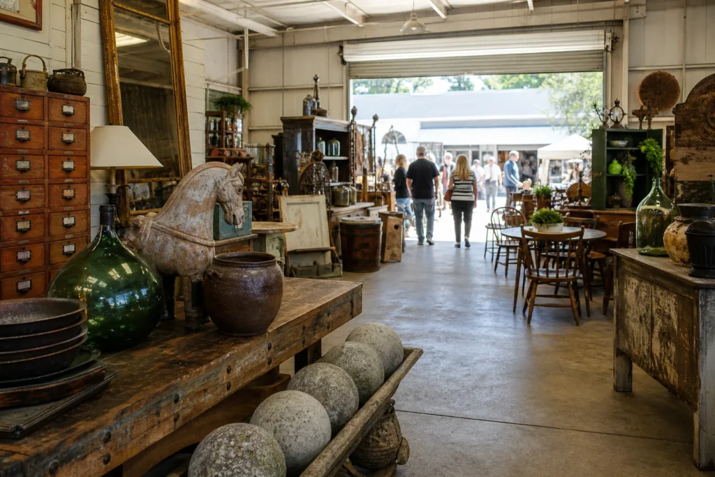 shoppers browsing antique and vintage market stalls at Antique Trove in California
