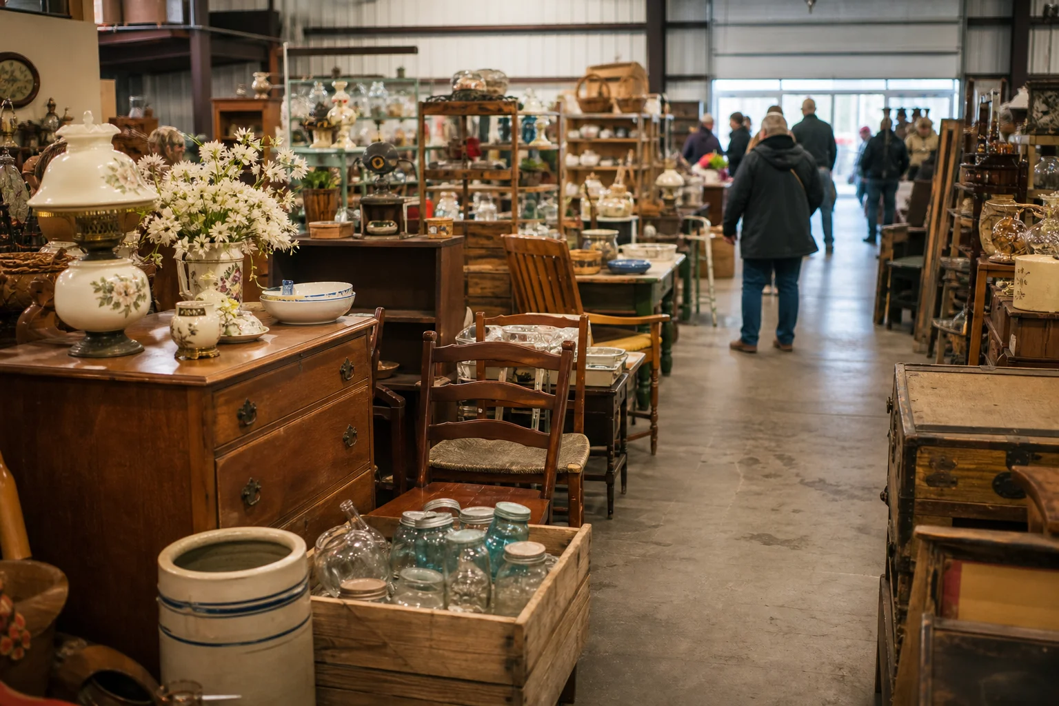 shoppers browsing antique and vintage market stalls at Antique World and Flea Market in New York State