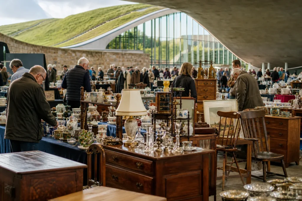 shoppers browsing antique and vintage market stalls at Antiques and Vintage Penrith in United Kingdom
