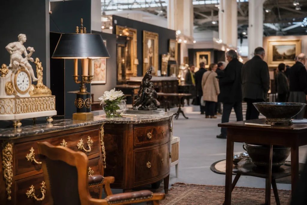 shoppers browsing antique and vintage market stalls at Antiques & Art Fair Luxembourg