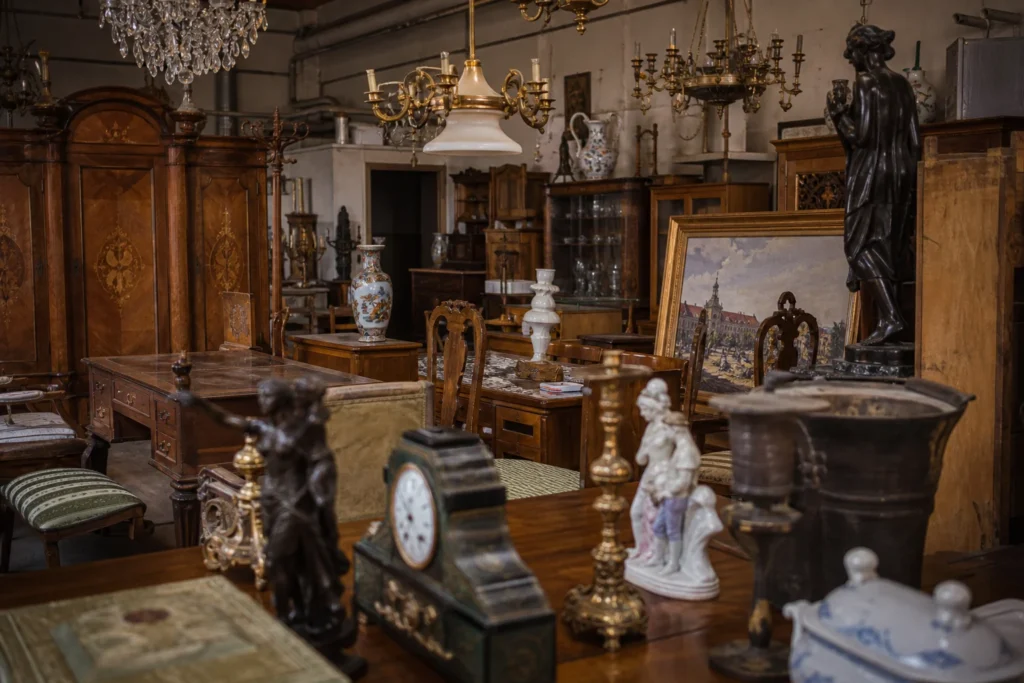 shoppers browsing antique and vintage market stalls at Antiques Barn in Czech Republic
