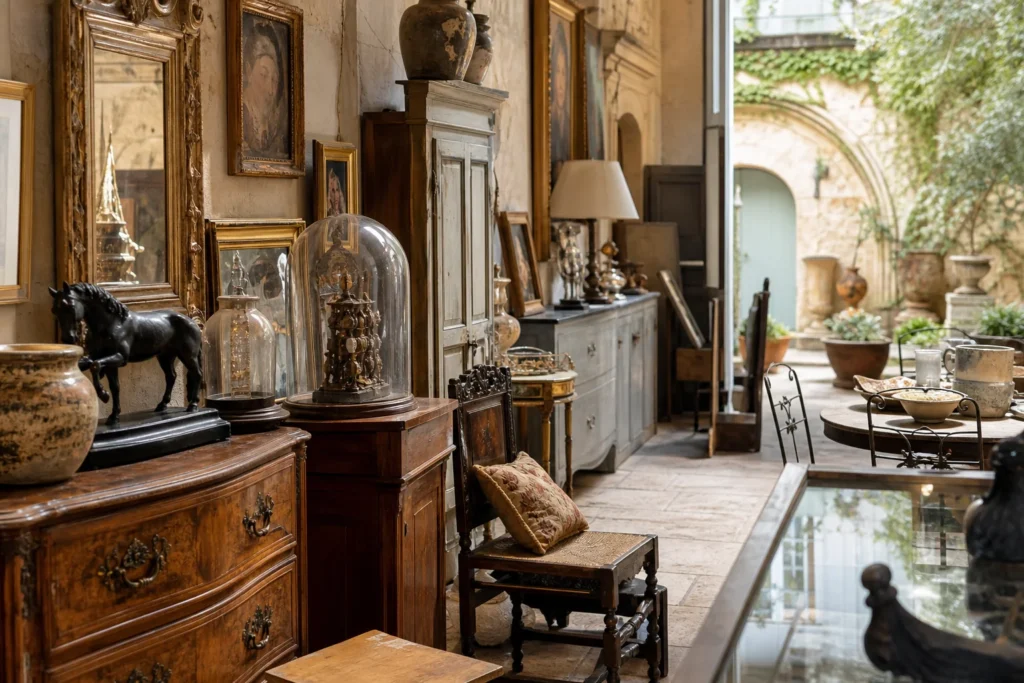shoppers browsing antique and vintage market stalls at Antiques Boutique in Place Charles David, 30400 Villeneuve-lès-Avignon, France