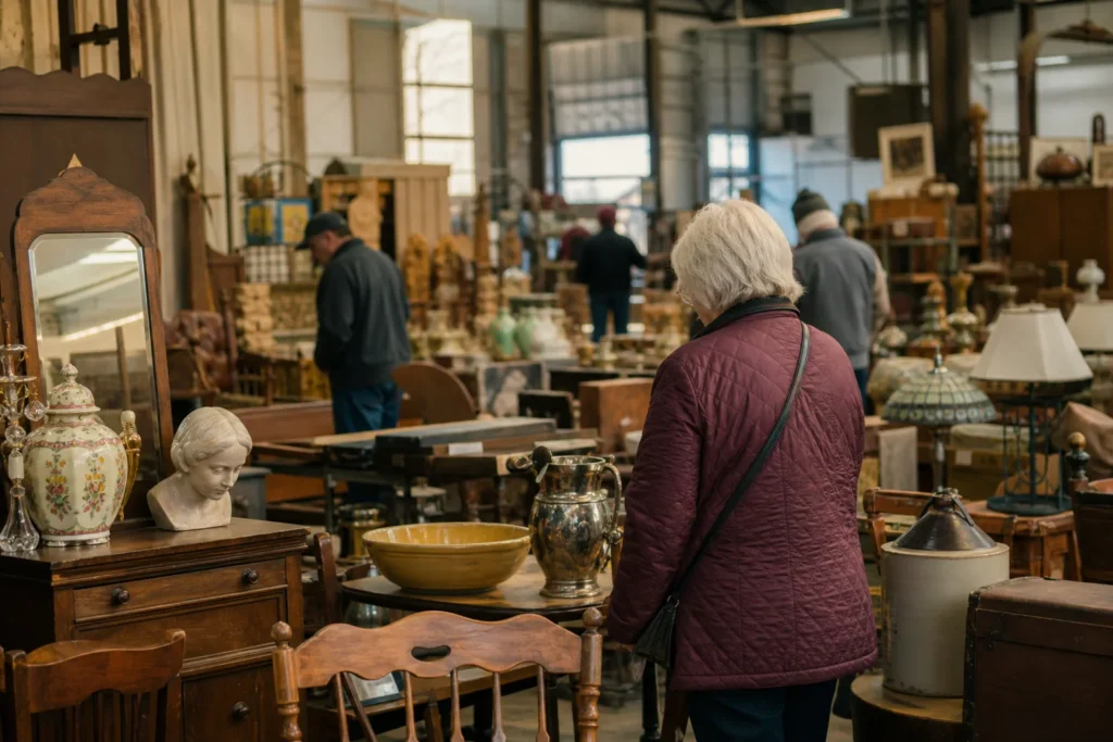 shoppers browsing antique and vintage market stalls at Antiques Capital USA in Pennsylvania