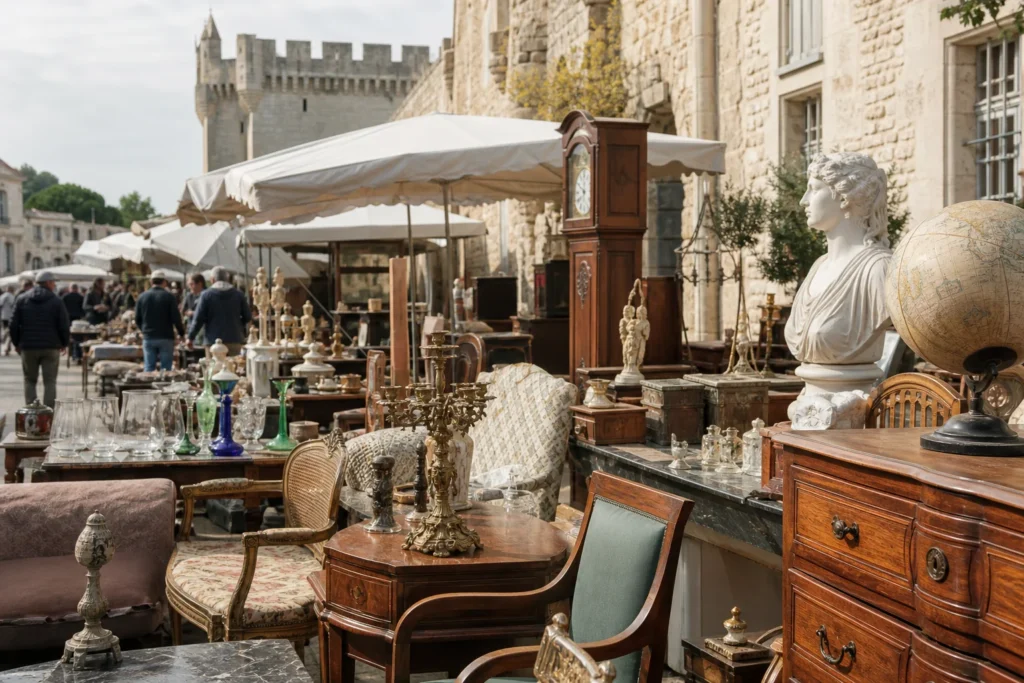 shoppers browsing antique and vintage market stalls at Antiques.co.uk in Place Charles David, 30400 Villeneuve-lès-Avignon, France