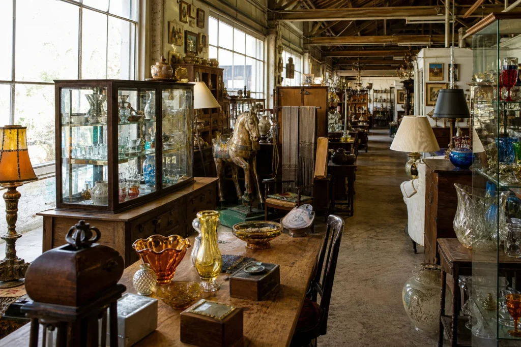 shoppers browsing antique and vintage market stalls at Antiques Colony in California, San Francisco
