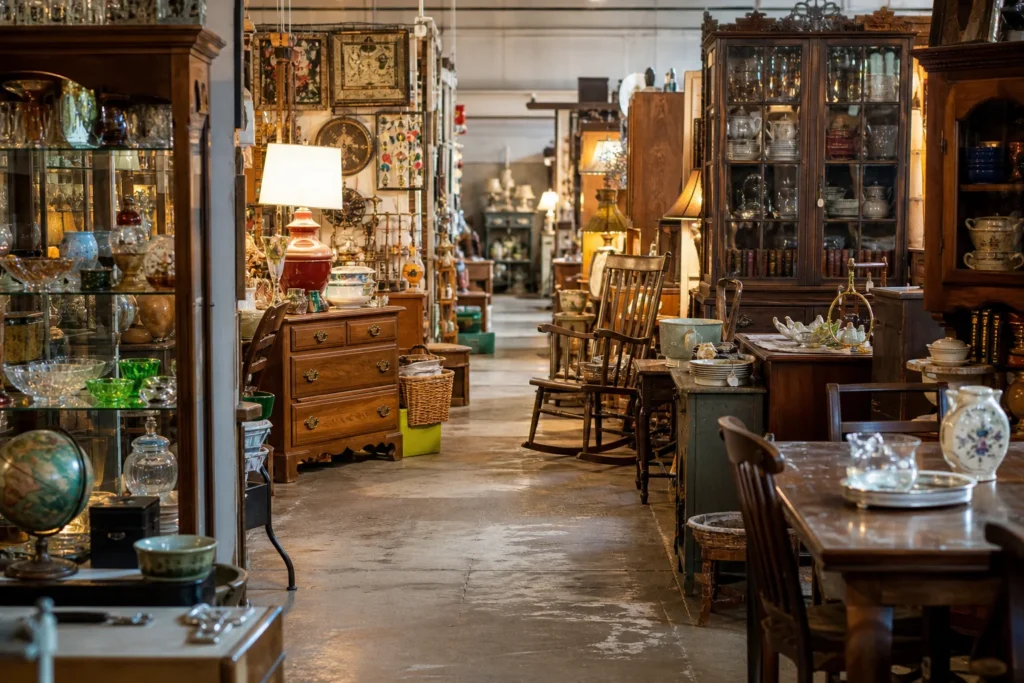 shoppers browsing antique and vintage market stalls at Antiques Mall of Madison in Wisconsin