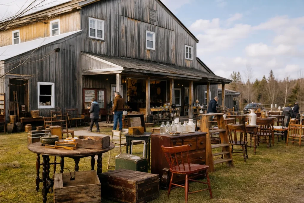 shoppers browsing antique and vintage market stalls at Antiques on Highway 48 in Canada, Ontario