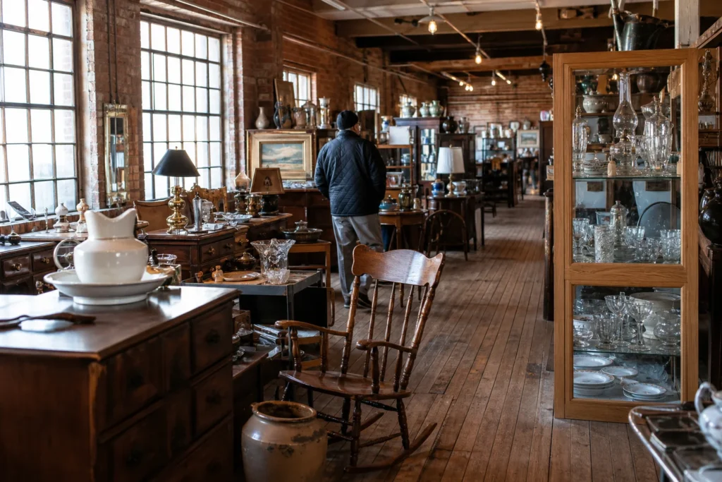 shoppers browsing antique and vintage market stalls at Antiques on the Farmington in Connecticut