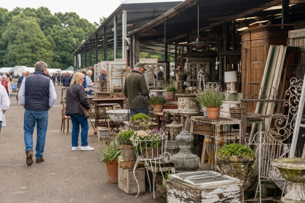 shoppers browsing antique and vintage market stalls at Antiques & Salvage Market at Cheshire Showground in United Kingdom