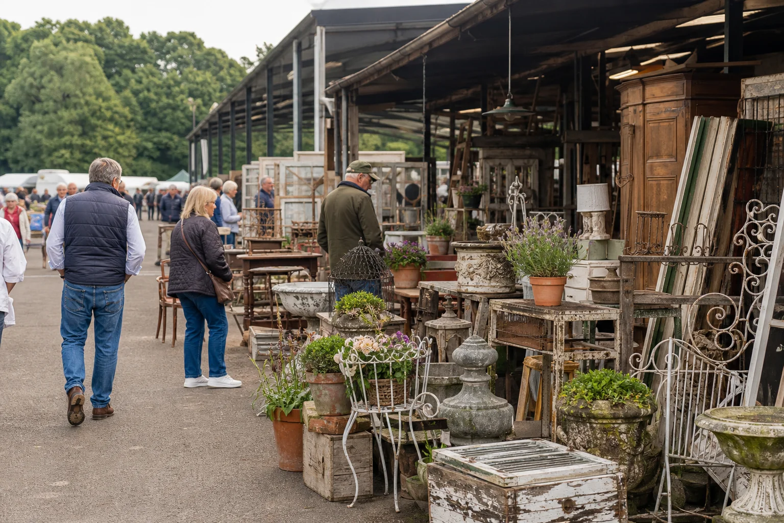 shoppers browsing antique and vintage market stalls at Antiques & Salvage Market at Cheshire Showground in United Kingdom