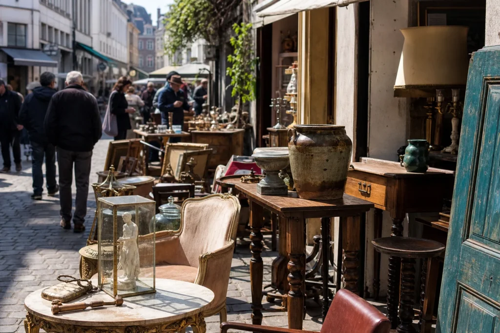 shoppers browsing antique and vintage market stalls at Antwerp Antique District in Belgium