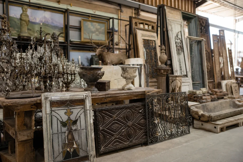 shoppers browsing antique and vintage market stalls at Architectural Warehouse in North Carolina