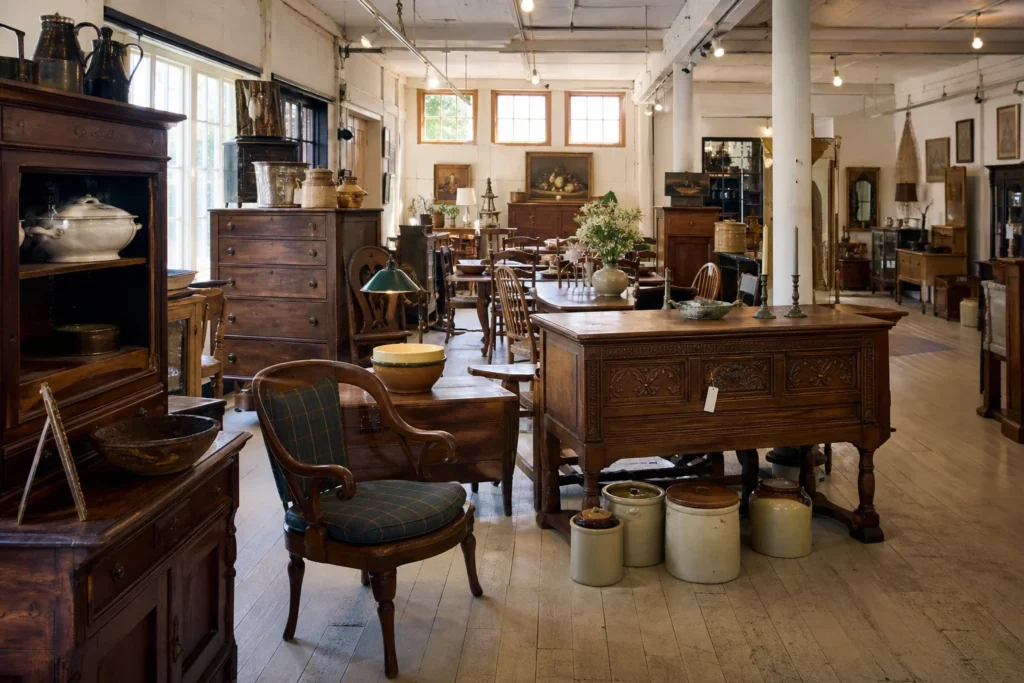 shoppers browsing antique and vintage market stalls at Ardesh Finds and Furnishings in Vermont