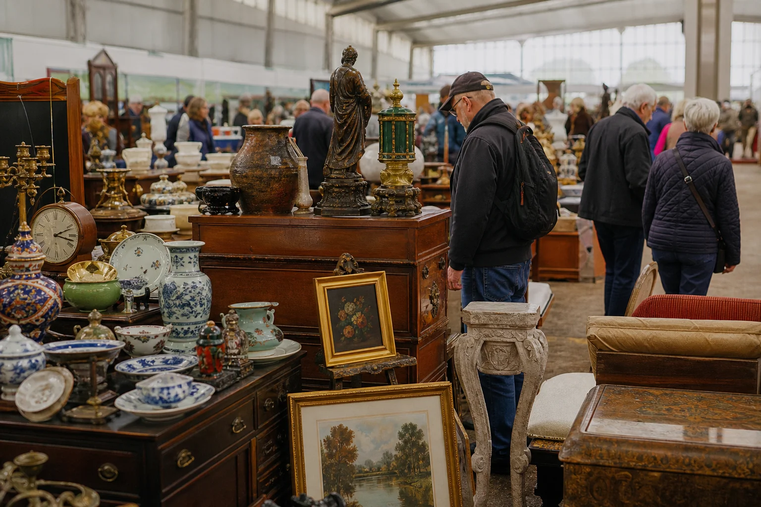 shoppers browsing antique and vintage market stalls at Ardingly International Antiques & Collectors Fair in United Kingdom