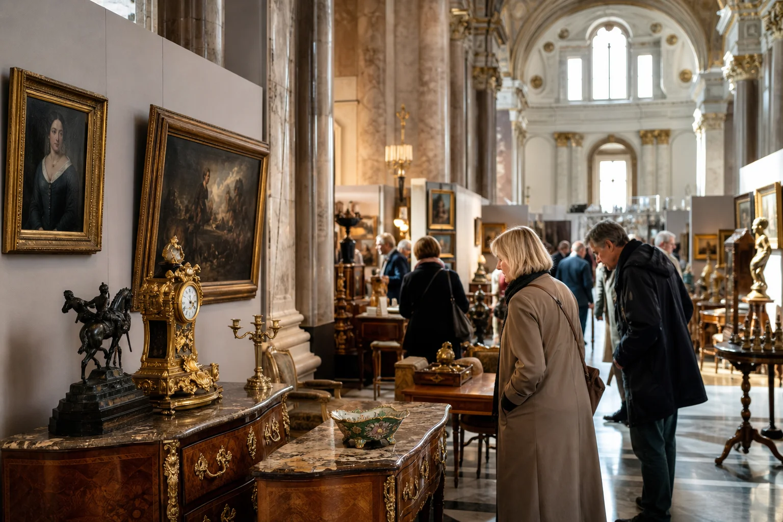 shoppers browsing antique and vintage market stalls at Art & Antique Vienna in Austria