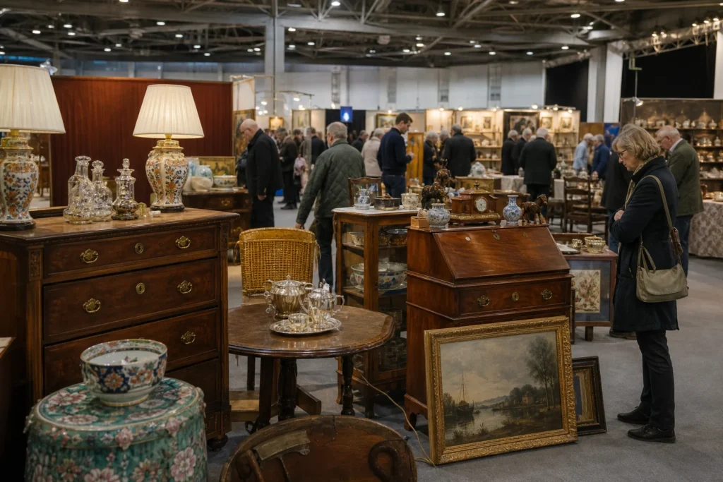 shoppers browsing antique and vintage market stalls at Art & Antiques For Everyone in United Kingdom