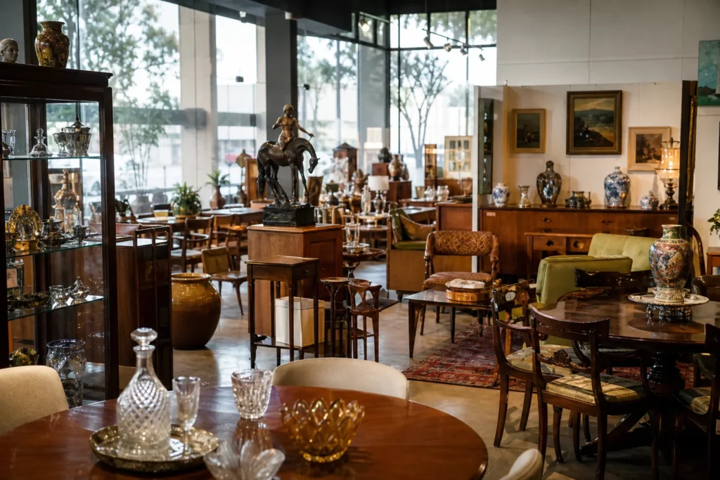 shoppers browsing antique and vintage market stalls at Aslett Antiques and Mid Century in Western Australia