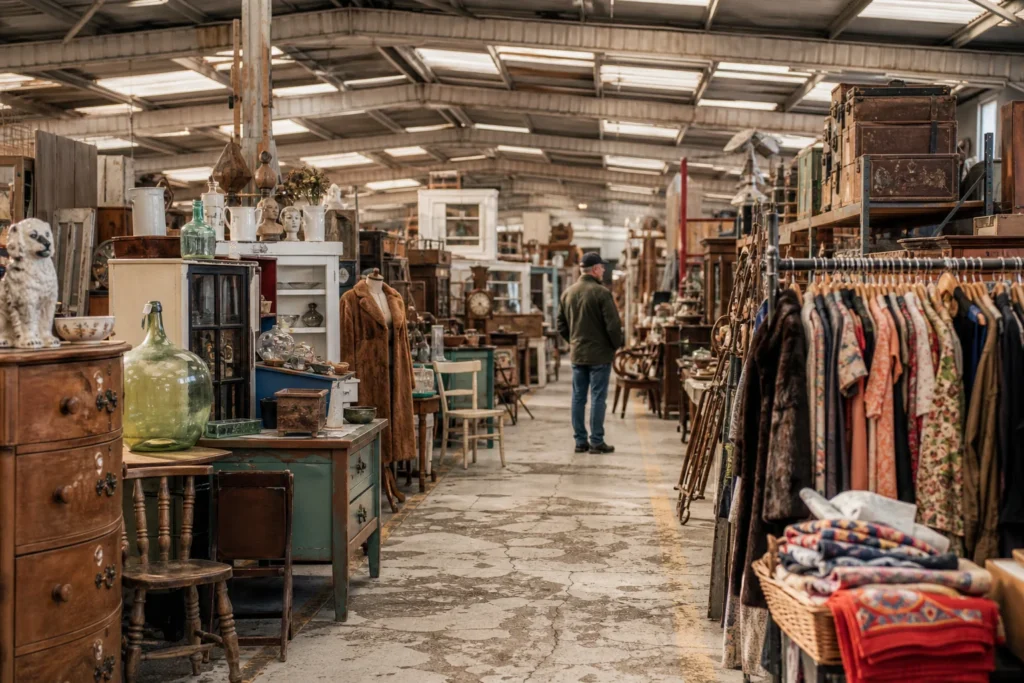 shoppers browsing antique and vintage market stalls at Astra Antiques Centre in United Kingdom
