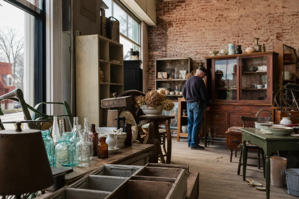 shoppers browsing antique and vintage market stalls at Attalla’s Antique District in Alabama