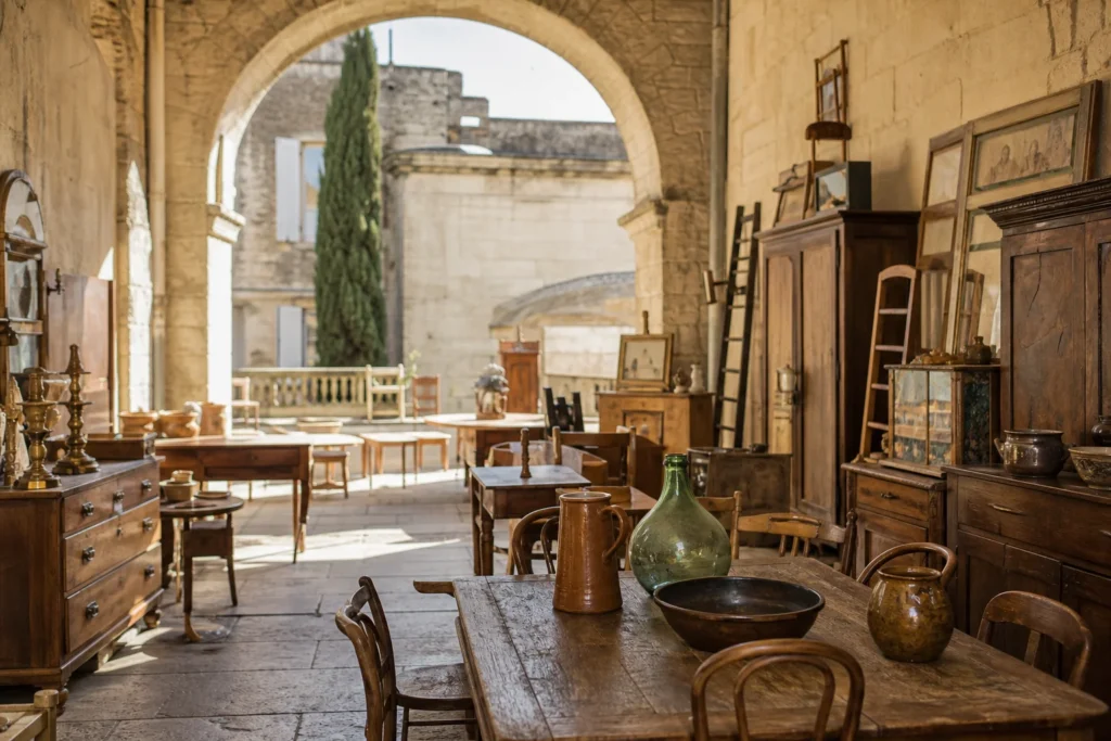 shoppers browsing antique and vintage market stalls at ATTIC.city in Place Charles David, 30400 Villeneuve-lès-Avignon, France