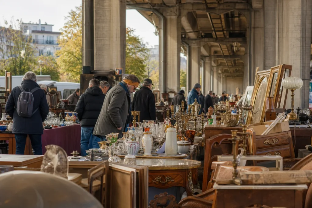 shoppers browsing antique and vintage market stalls at Auderghem Flea Markets in Belgium