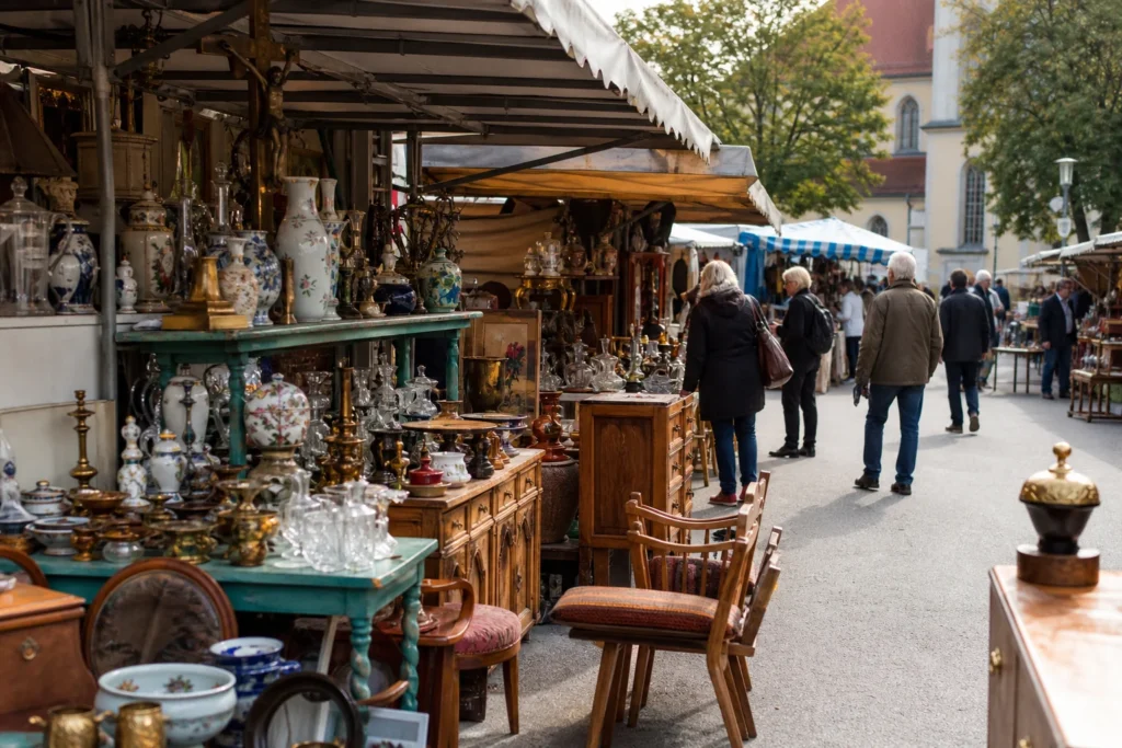shoppers browsing antique and vintage market stalls at Auer Dult in Germany