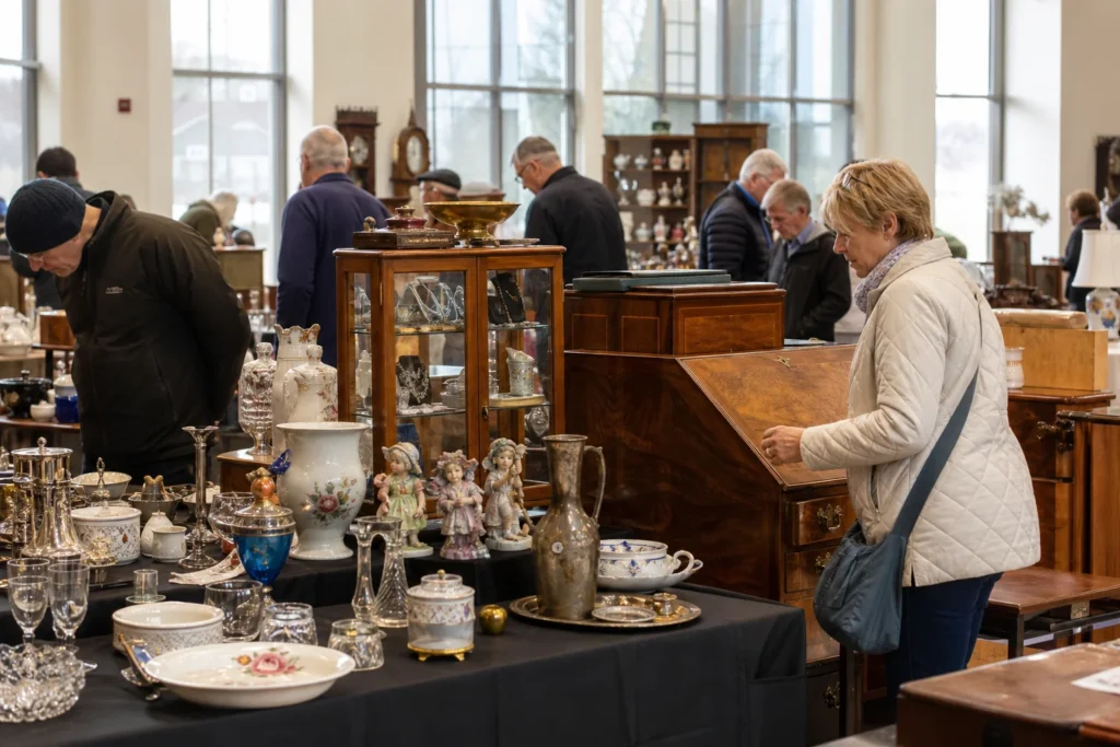 shoppers browsing antique and vintage market stalls at Ayr Antique, Vintage & Collectors Fair in United Kingdom