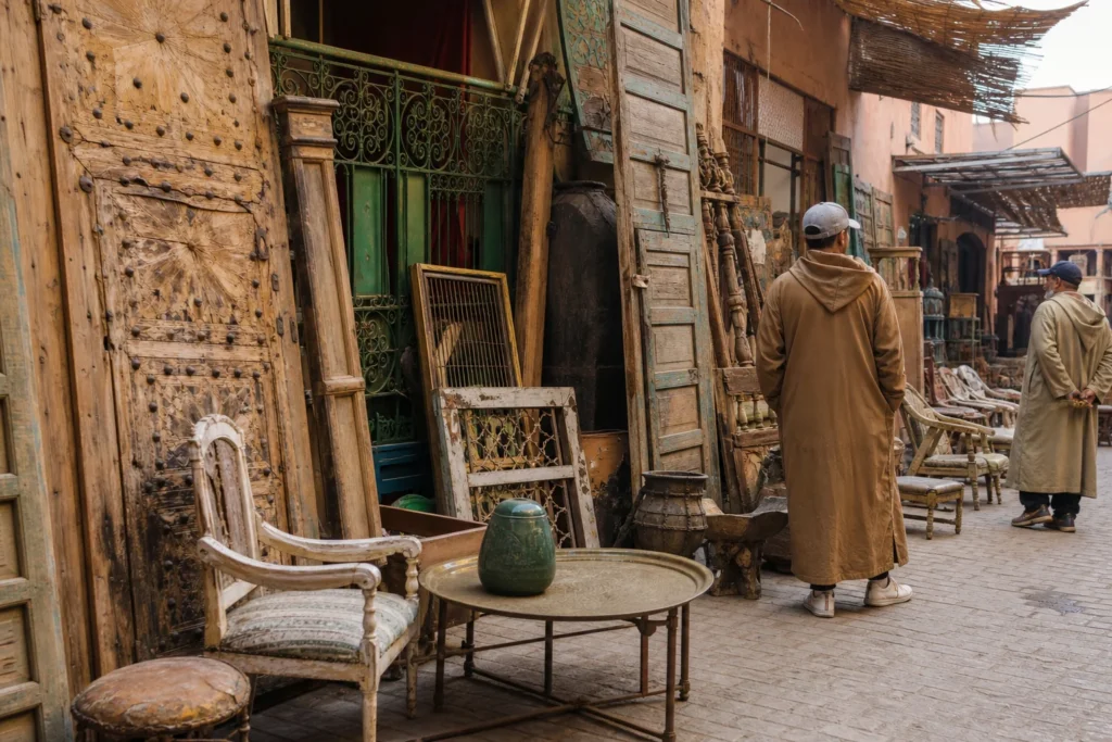 shoppers browsing antique and vintage market stalls at Bab el-Khemis in Marrakech, Morocco