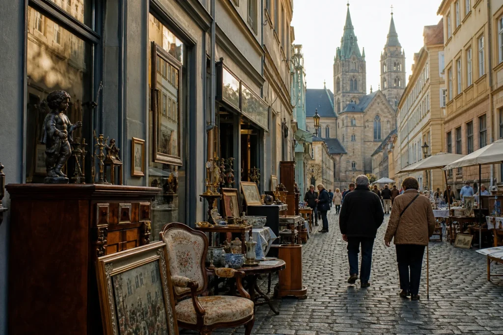 shoppers browsing antique and vintage market stalls at Bamberg Art and Antique District in Germany