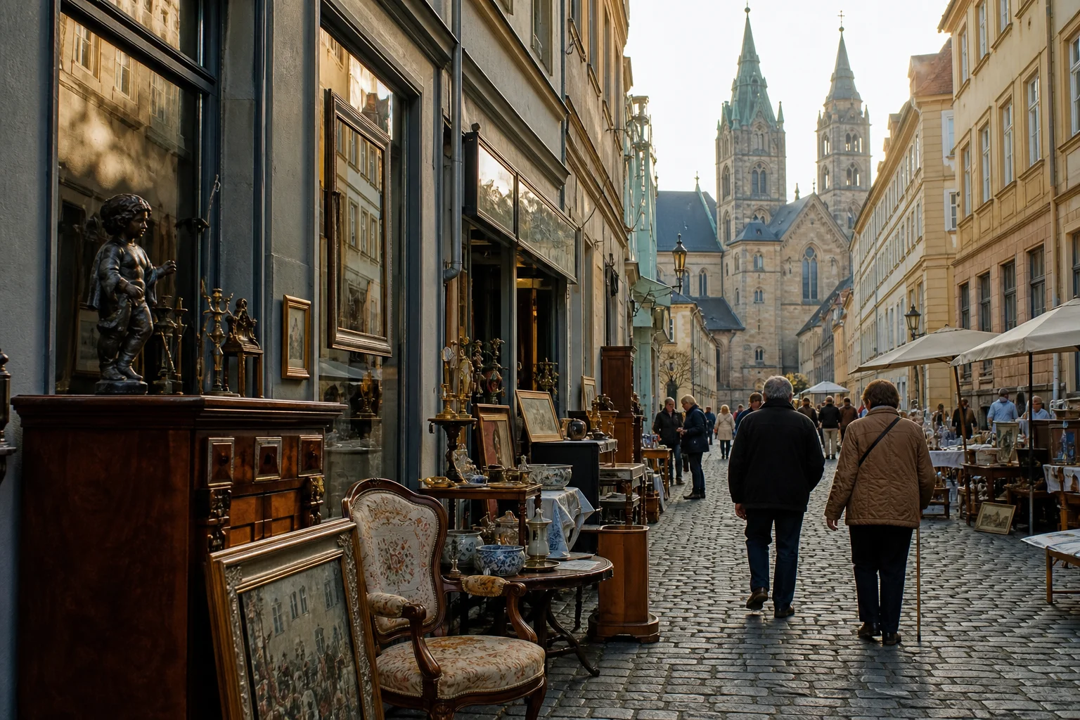 shoppers browsing antique and vintage market stalls at Bamberg Art and Antique District in Germany