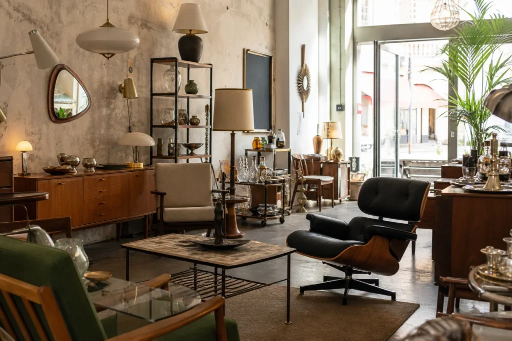 shoppers browsing antique and vintage market stalls at Bananas Mobiliar 1930-1980 in Austria