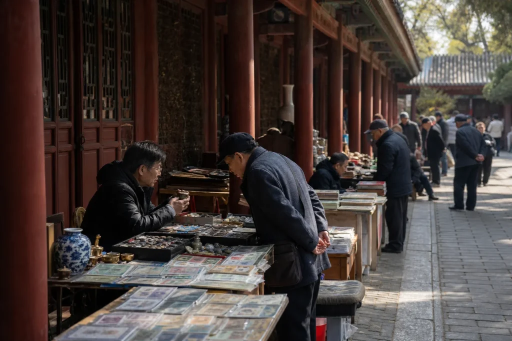 shoppers browsing antique and vintage market stalls at Baoguo Temple Antique Market in China