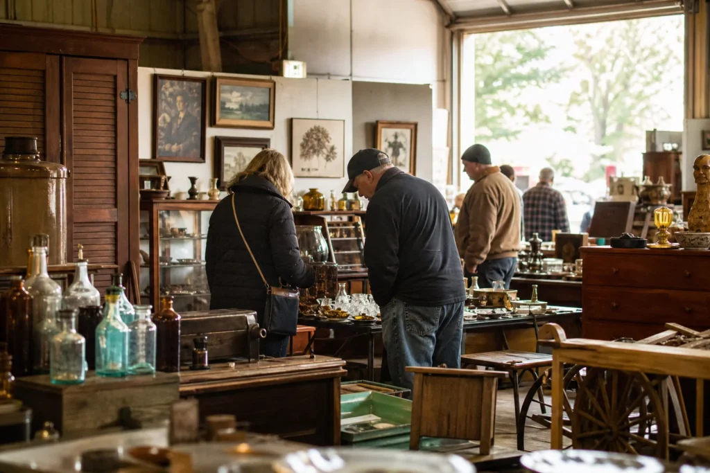 shoppers browsing antique and vintage market stalls at Barn Star Productions in New York State