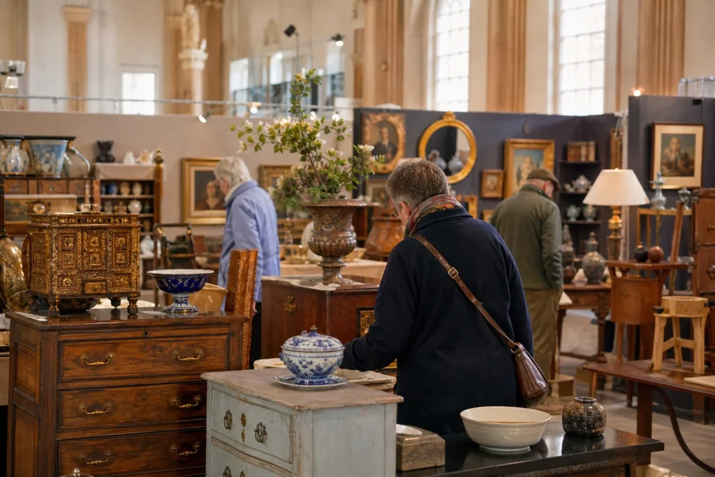 shoppers browsing antique and vintage market stalls at Bath Decorative Antiques Fair in United Kingdom