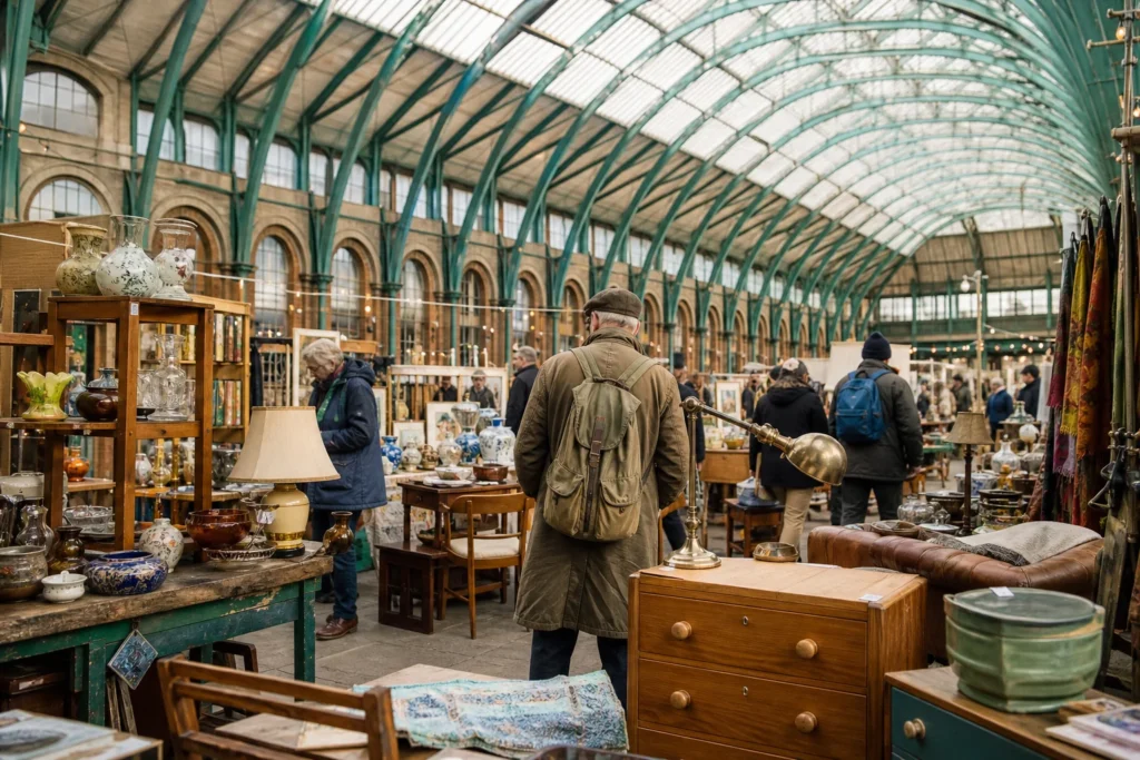 shoppers browsing antique and vintage market stalls at Bath Vintage and Antiques in United Kingdom