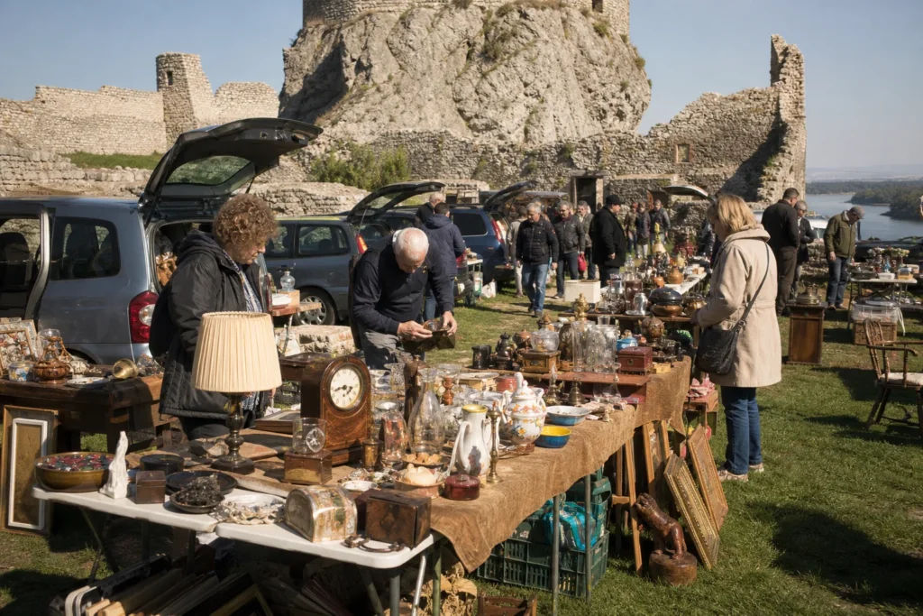 shoppers browsing antique and vintage market stalls at Bazár na hrade Devín in Slovakia