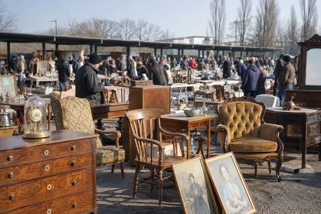 shoppers browsing antique and vintage market stalls at Bazar na Kole in Poland