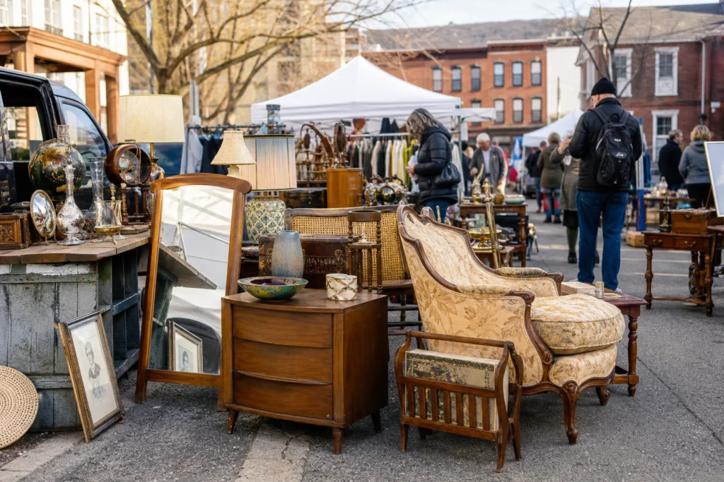 shoppers browsing antique and vintage market stalls at Beacon Flea Market in New York State