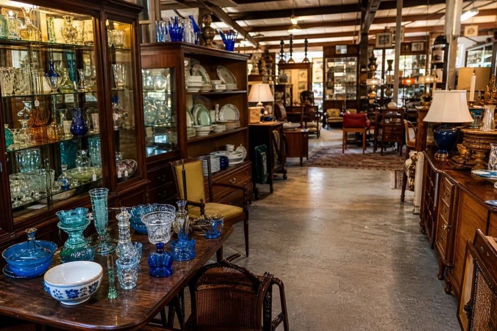 shoppers browsing antique and vintage market stalls at Beaver Creek Antique Market in Maryland
