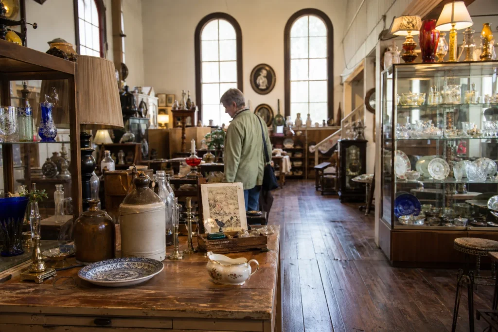 shoppers browsing antique and vintage market stalls at Bedford Street Antiques in Pennsylvania